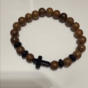 Wooden Bead Bracelet with Black Cross